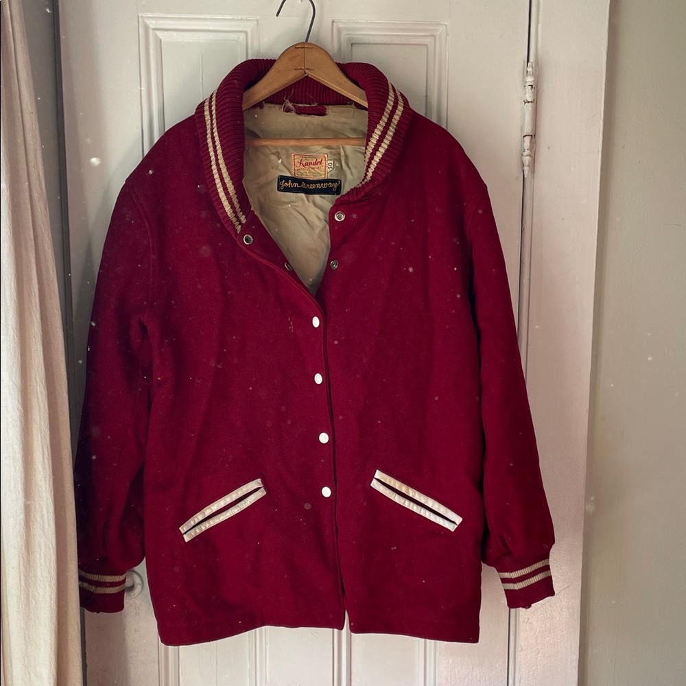 Vintage maroon and white shawl collared “long” letterman jacket
